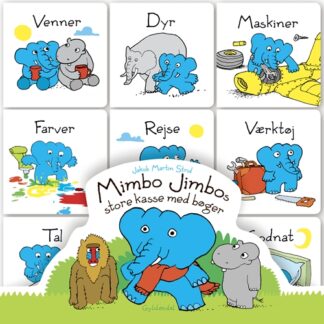 Kasse med ni små papbøger om Mimbo Jimbo