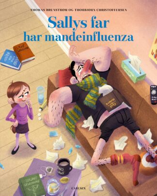 sallys far har mandeinfluenza er en sjov højtlæsningsbog for hele familien, billedbogsserie for børn